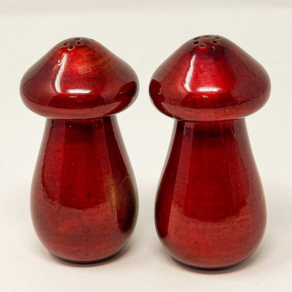 Vintage Japanese Lacquer Mushroom Salt Pepper Shakers Red Gilt Wood - Picture 3 of 5